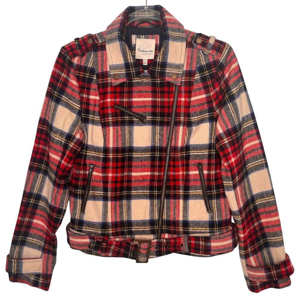 Heritage 1981 Wool Blend Plaid Moto Biker Jacket Belted Red Tartan Preppy Small